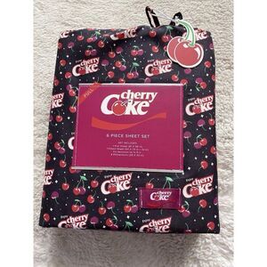6 Piece Enjoy Cherry Coke FULL Size Sheet Set Bedding Cherries Black Soft NEW